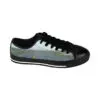 A black and white shoe with a picture of a road