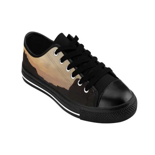 A black and brown shoe is shown on the ground.
