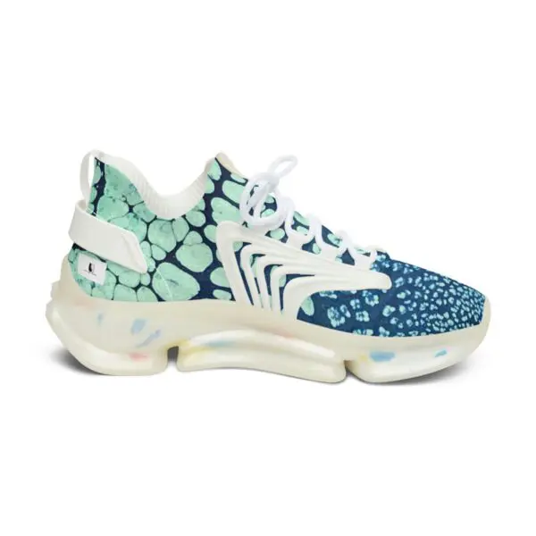 A pair of sneakers with blue and white designs.