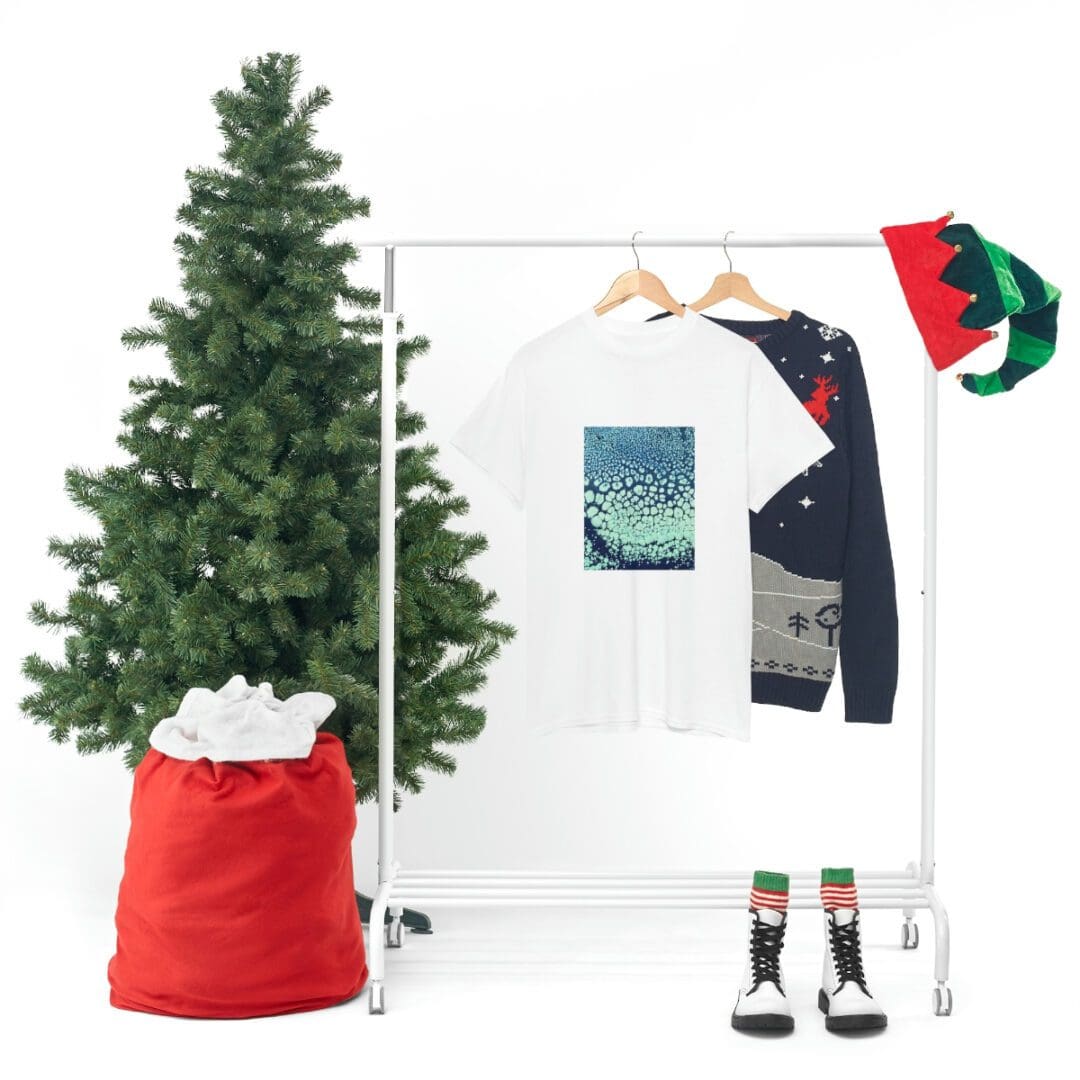 White graphic tee and festive sweater display