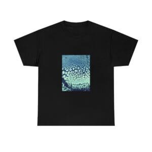 Black t-shirt with turquoise bubble rectangle print