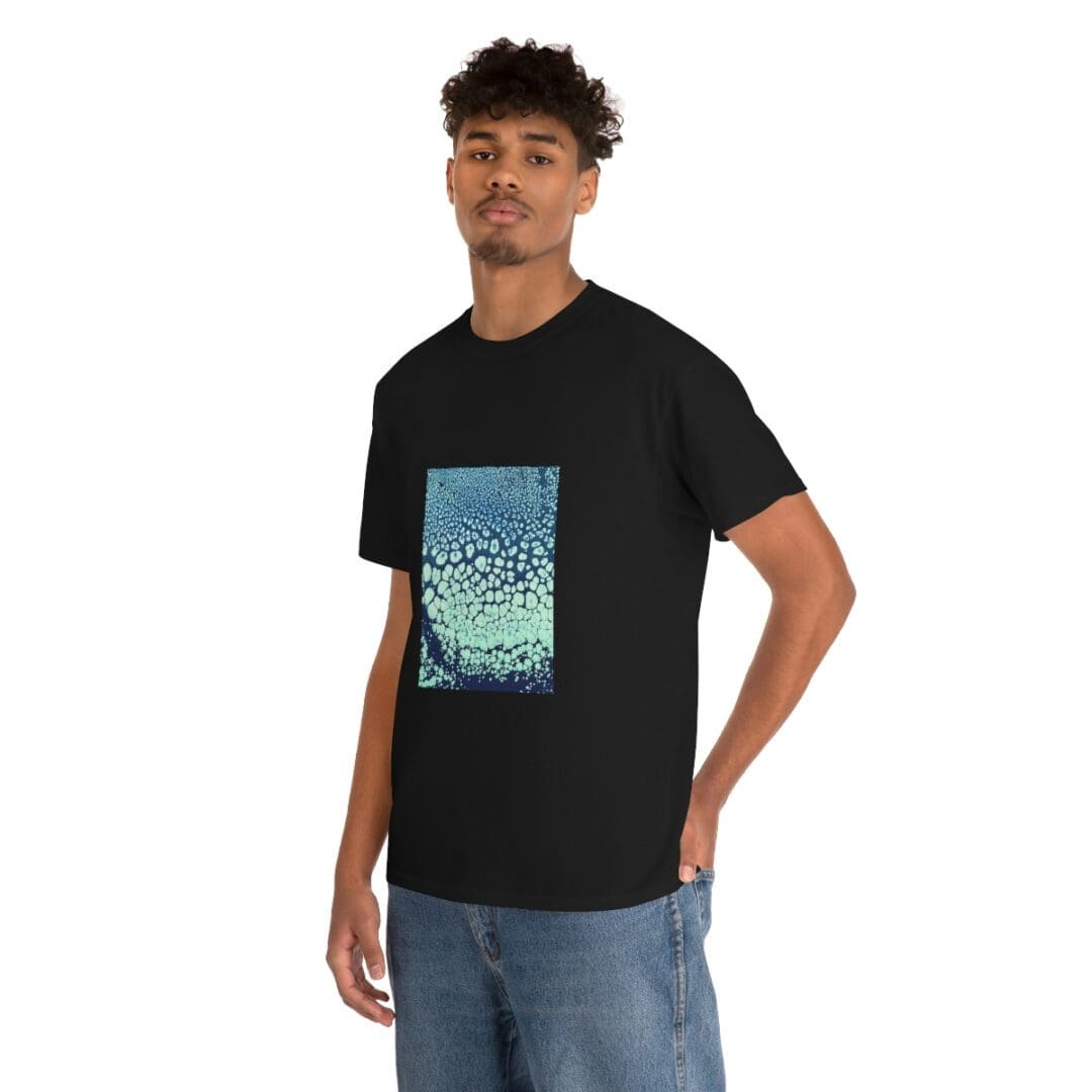 Model in black tee with blue bubble print