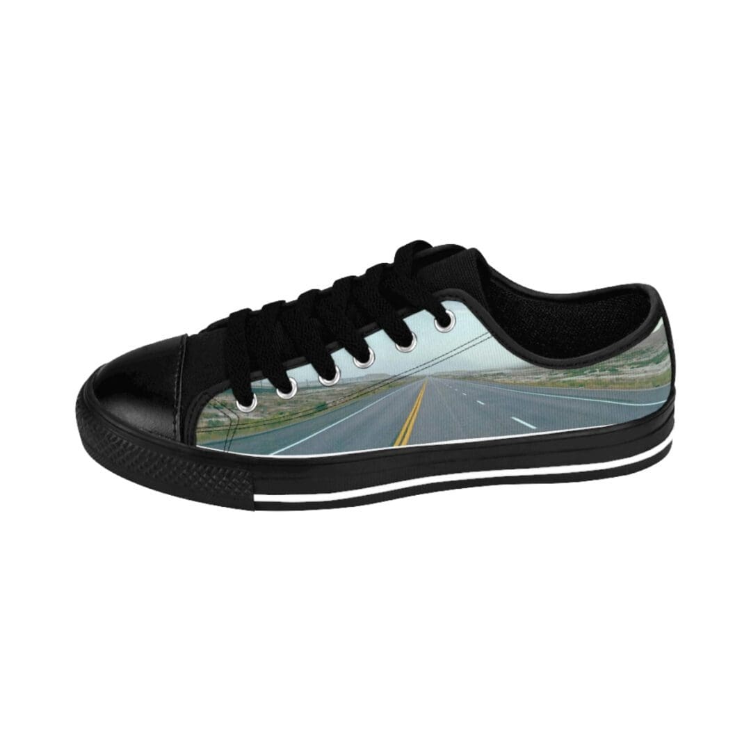 Black low-top sneaker with highway print