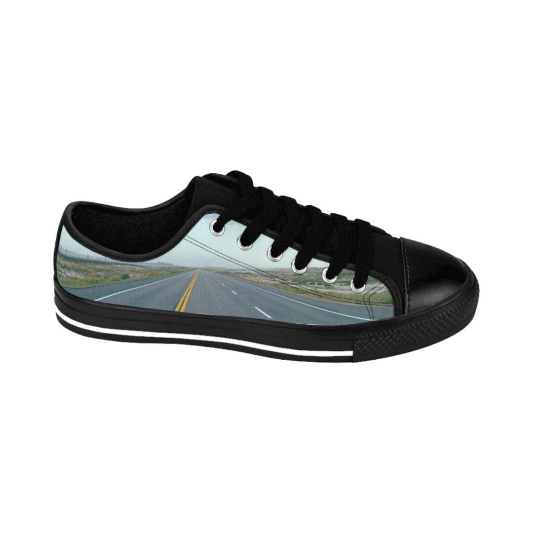 Black low-top sneaker with highway print