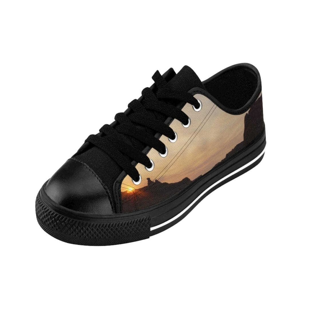 Canvas sneaker featuring orange sunset skyline design