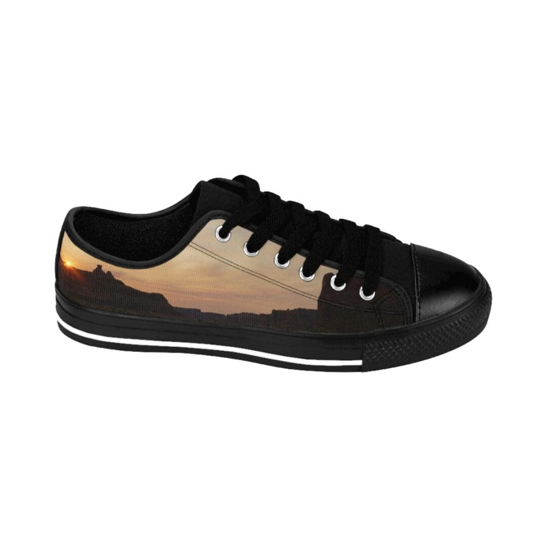 Black low-top sneaker with sunset landscape