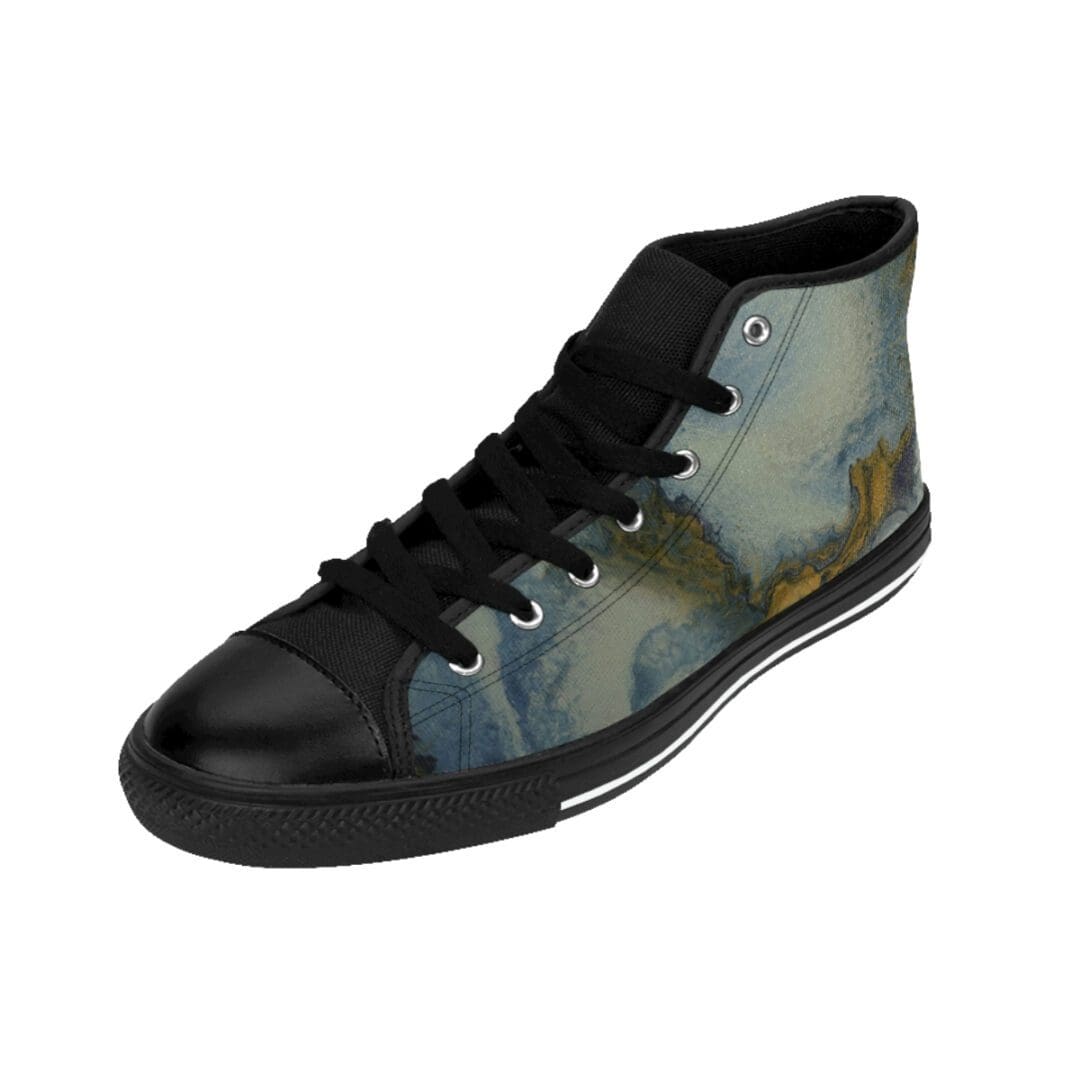 Angled teal sneakers featuring watercolor-style print