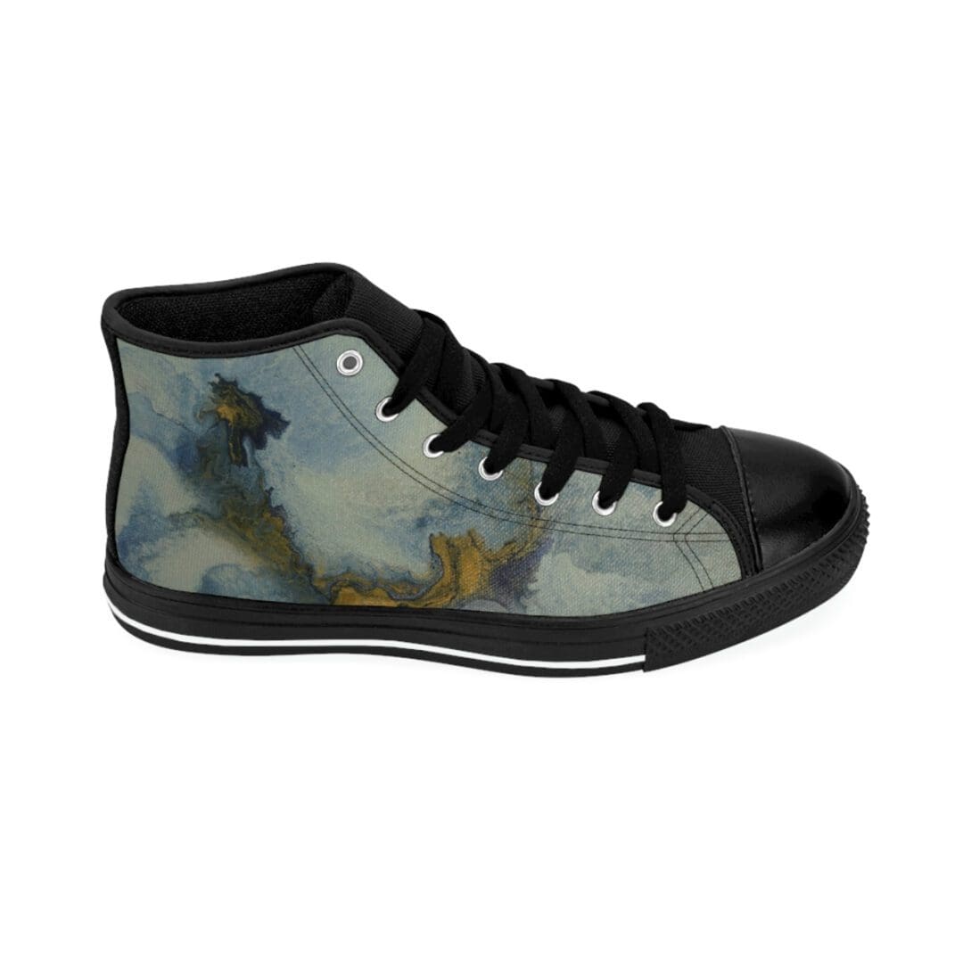Blue-green canvas sneakers with abstract gold swirl