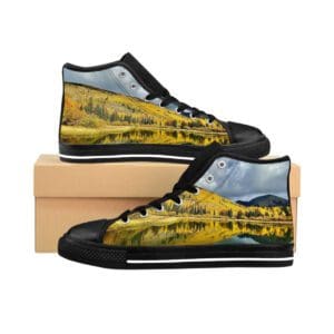 High-top sneakers with autumn lake reflection