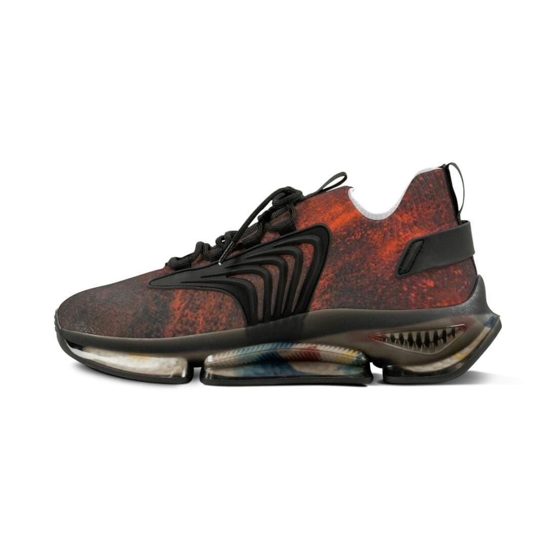 Rust red sneaker with segmented transparent sole