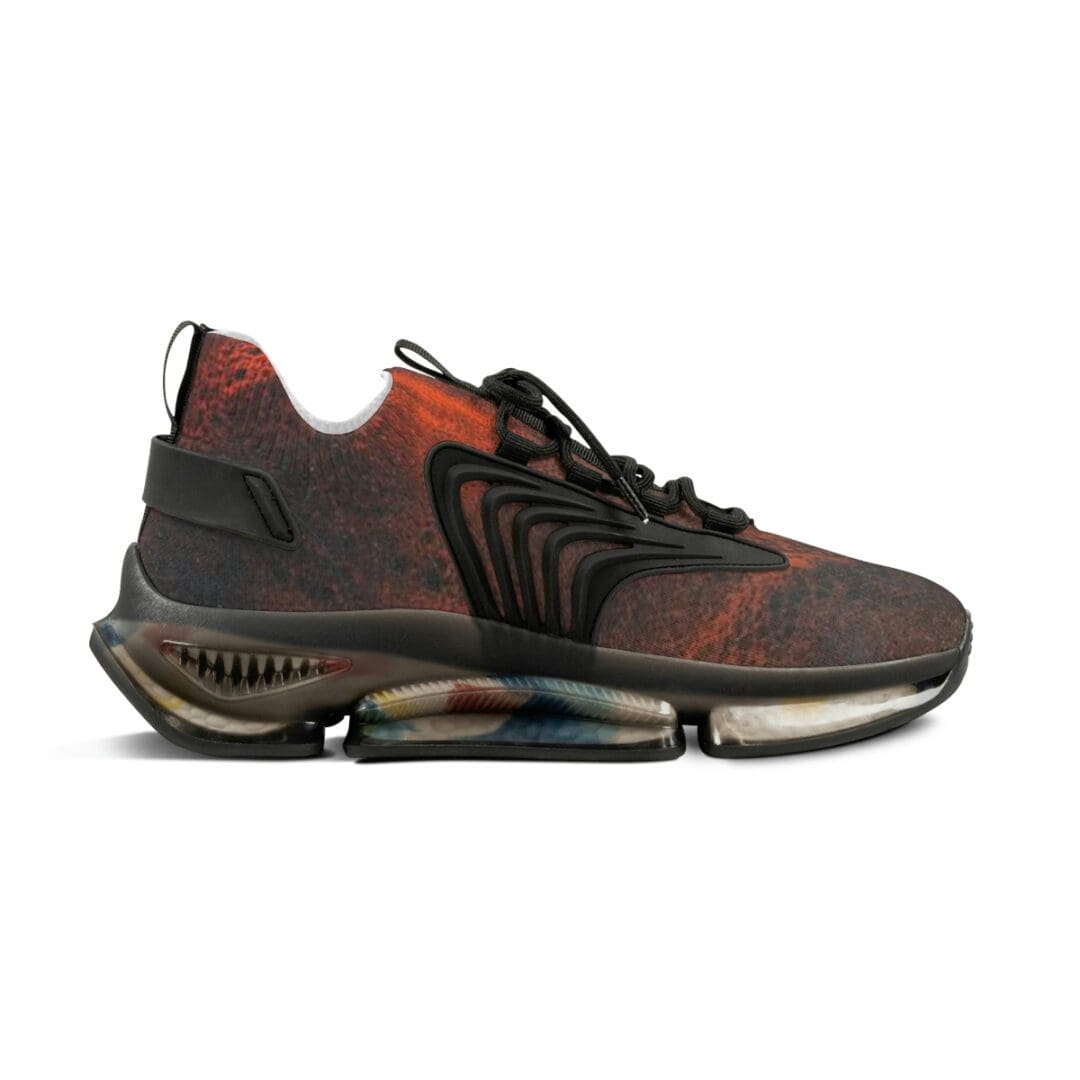 Chunky red-brown athletic sneaker with air pods
