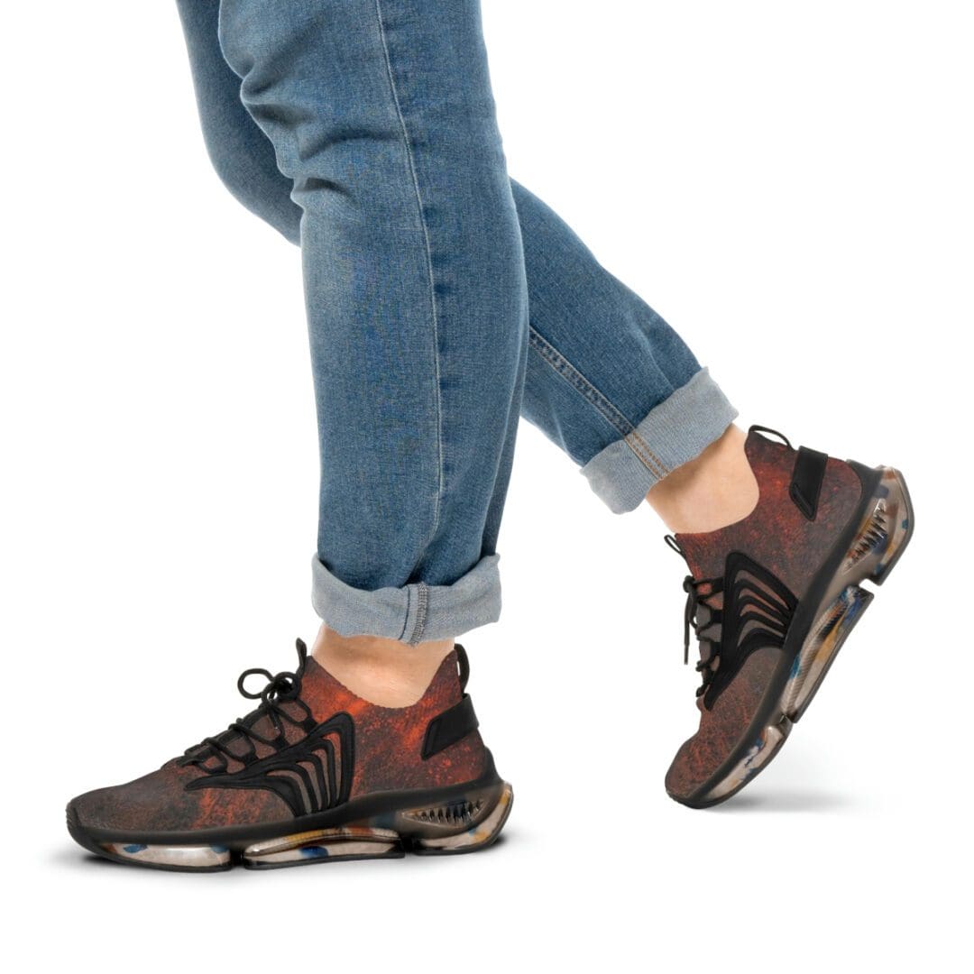 Cuffed jeans with maroon athletic sneakers