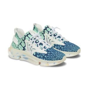 A pair of sneakers with different designs on them.