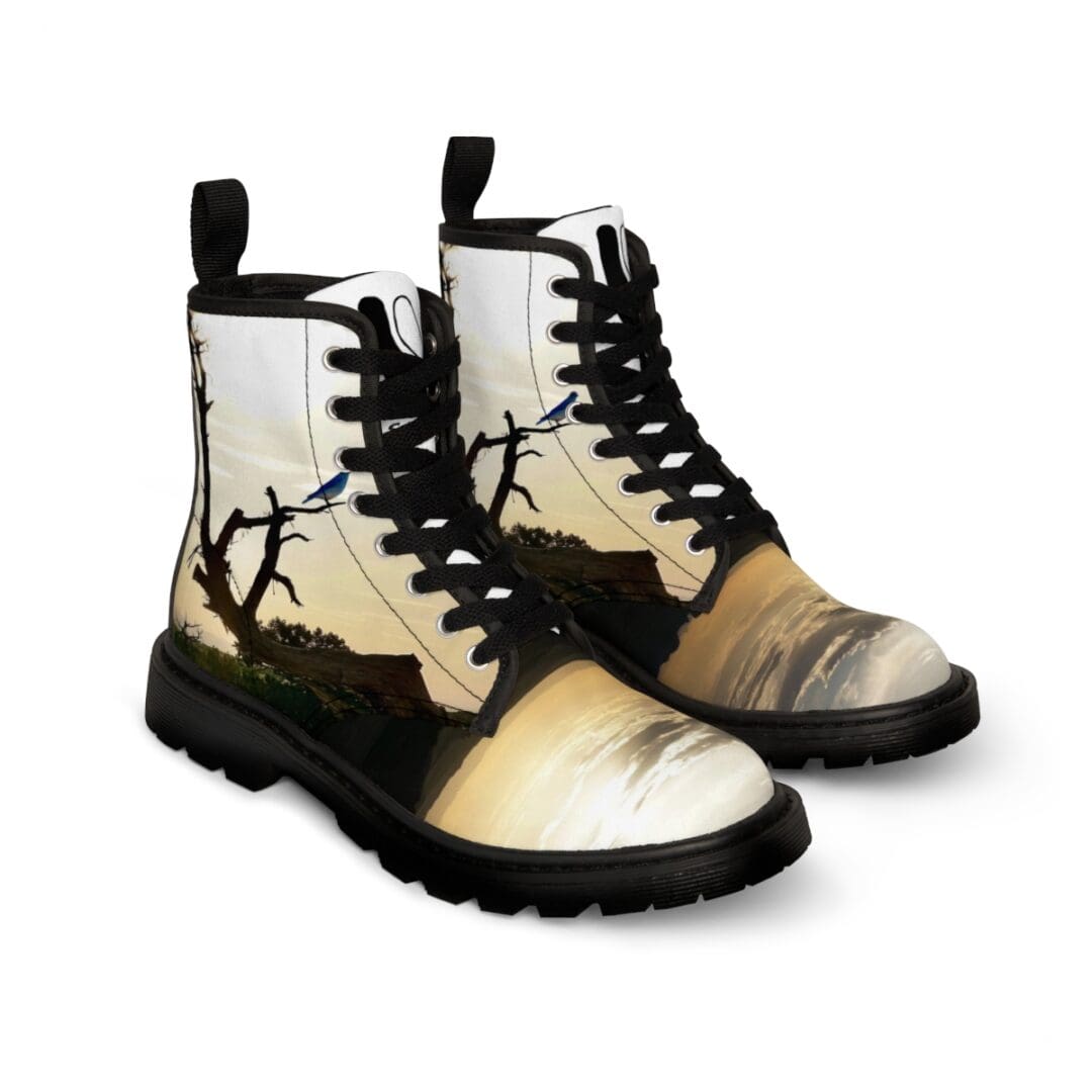 A pair of boots with trees on them