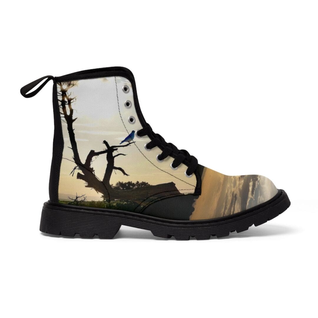 A pair of boots with a picture on them.