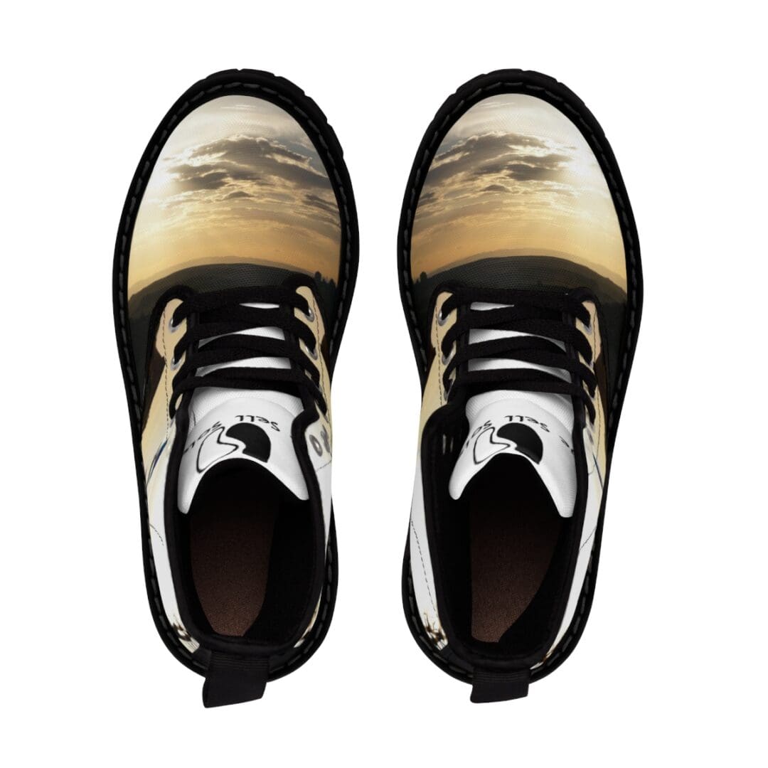 A pair of shoes with the image of a person in the water.