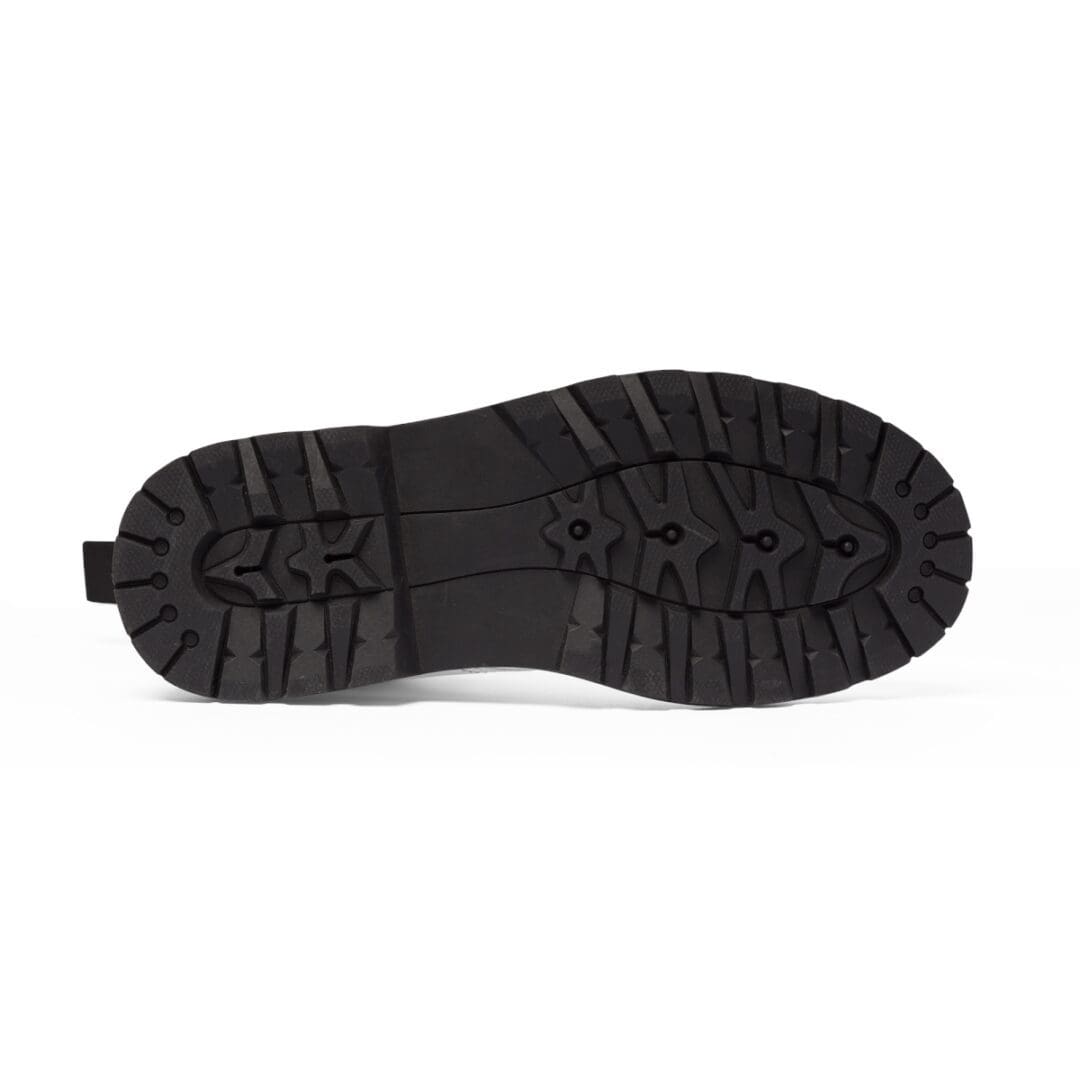 A pair of black shoes on top of a white ground.
